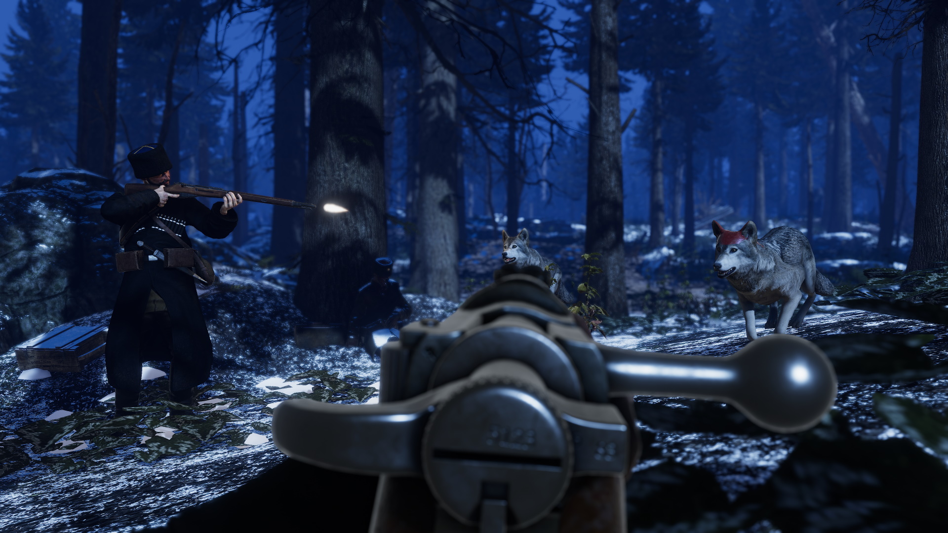 Soldiers firing at wolves in a dark forest.