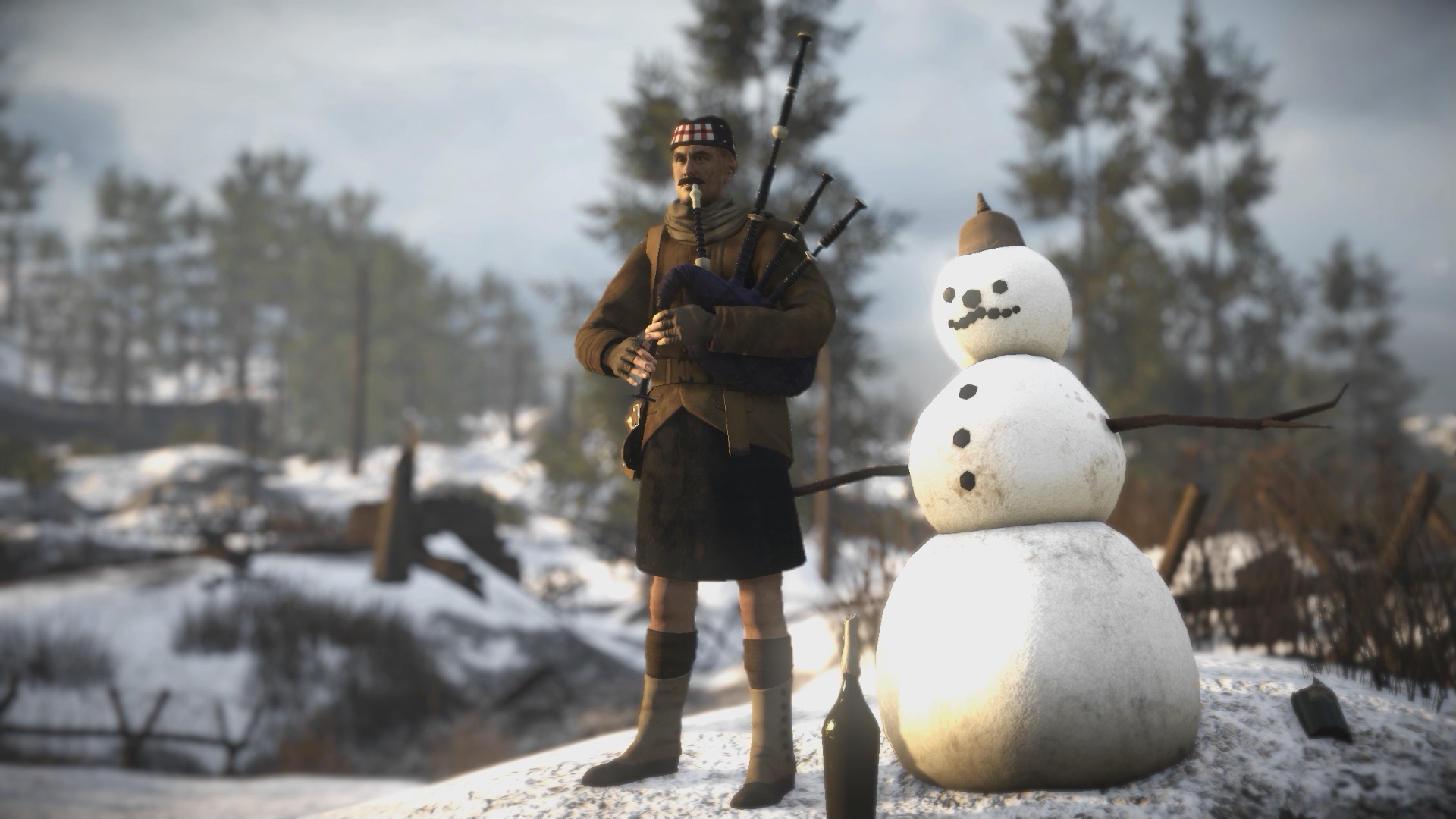 An in-game image of a Scottish bagpiper next to a snowman.